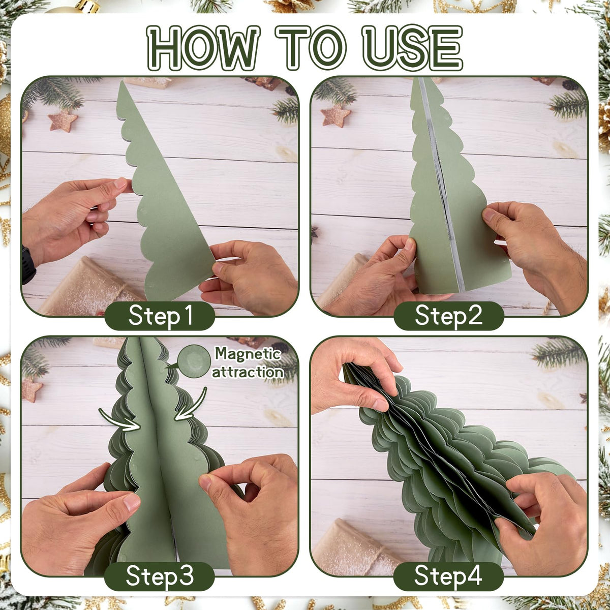 OBBOLO 6 Pcs Paper Christmas Tree, Beige, Sage Green and Dusty Pink Tabletop Christmas Decorations with Magnetic Closure, 12" & 6" Foldable Reusable Holiday Trees for Mantel, Table Centerpiece