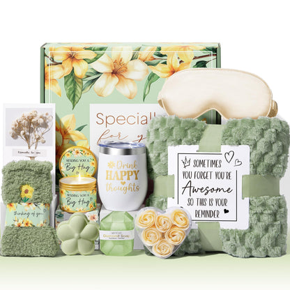 Mothers Day Birthday Gifts for Women Self Care Gift, Vanilla Coconut Relaxing Spa Gift Basket Bath Set Get Well Soon Care Package Easter Gifts for Women Mom Her Sister Friend Wife Grandma w/ Blanket