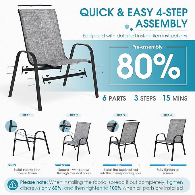 Outdoor Stackable Chairs Set of 8, Stacking Patio Chairs with Textilene Fabric, Outside Furniture for Garden Backyard Balconie Poolside Deck, Grey