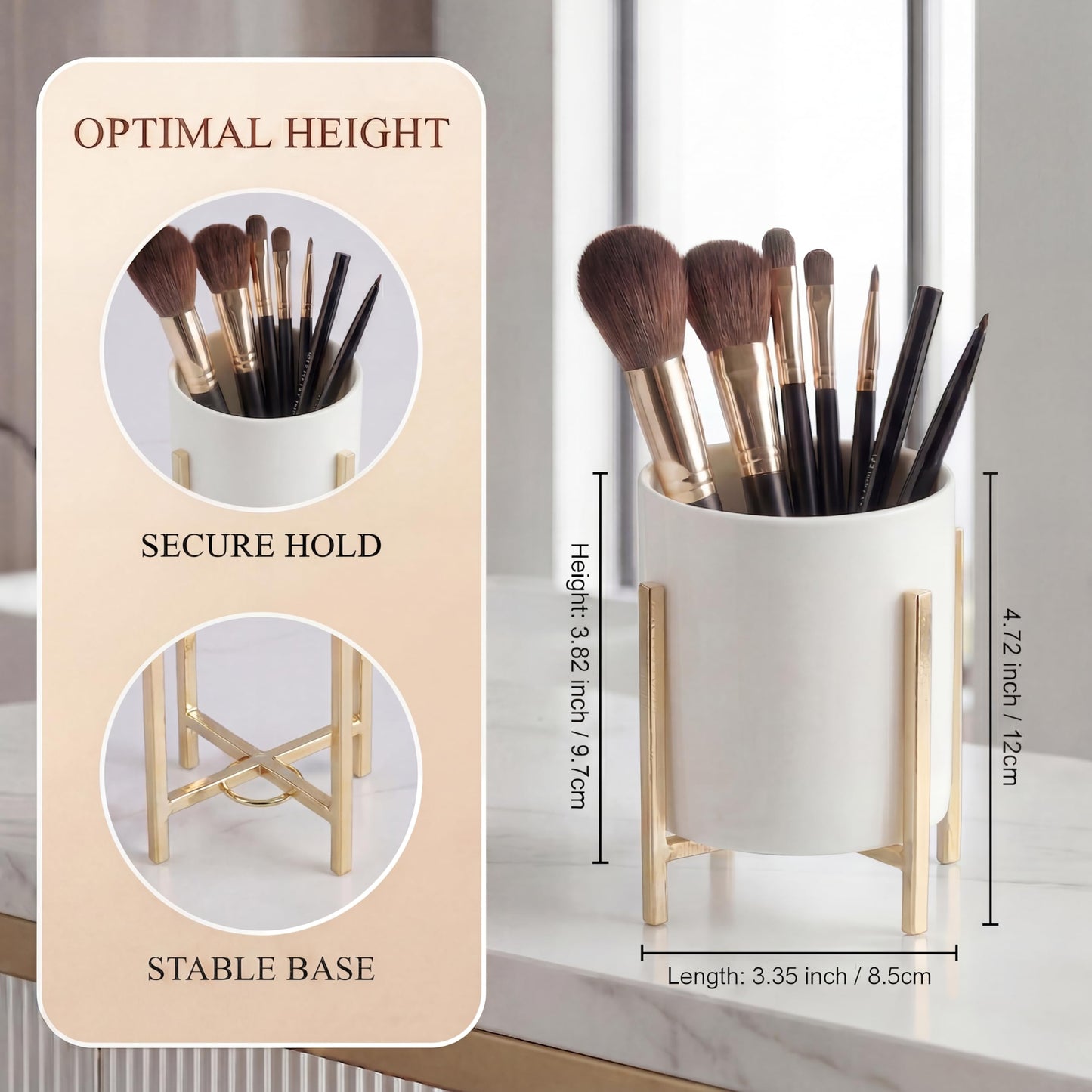 MONOSUGO 4.72" Gold Pen Holder Aesthetic Pencil Holder for Desk, Gold Desk Organizers and Accessories for Women Girls, Ceramic Pen Holder for Office