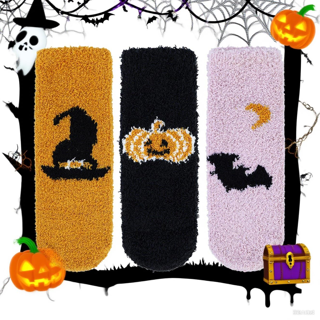 Zando Women's Colorful Halloween Socks - Horror Ghost Print, Non-Slip, Fuzzy, Warm & Soft, Perfect for Parties & Sleep