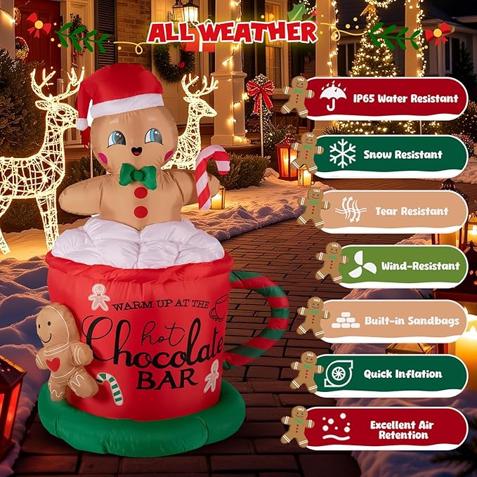 6.5FT Giant Inflatable Gingerbread Man with LED Lights, All-Weather Outdoor Christmas Decoration, Hot Chocolate Mug Yard Decor