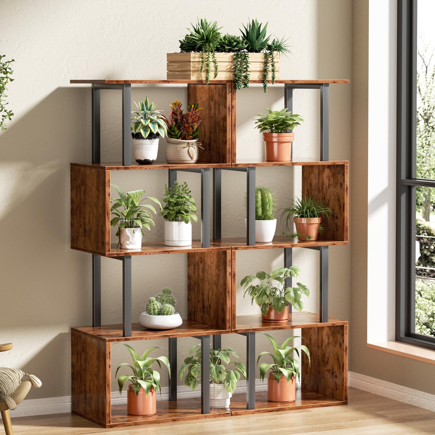 Furologee 5 Tier Bookshelf, S Shaped Geometric Bookcase, Narrow Freestanding Display Shelves, Modern Wood Decorative Storage Rack for Bedroom, Living Room, Home Office, Rustic Brown