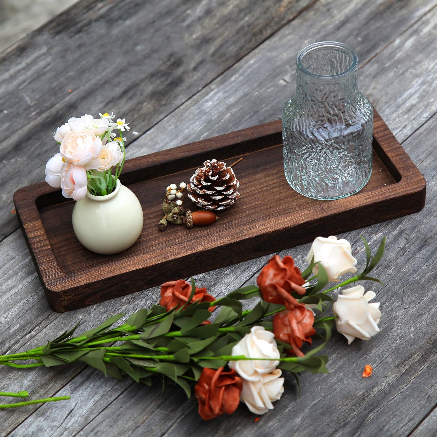 Hatway Wooden Decorative Tray Candle Holder Long Wood Tray Home Decor,Centerpieces Plates for Table centerpieces for CoffeeTable,Christmas Decor