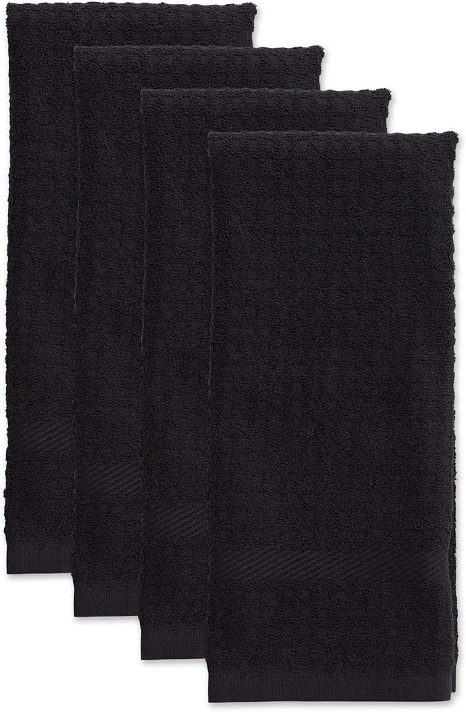 DII Basic Terry Collection Waffle Dishtowel Set, Solid Black, 4 Piece