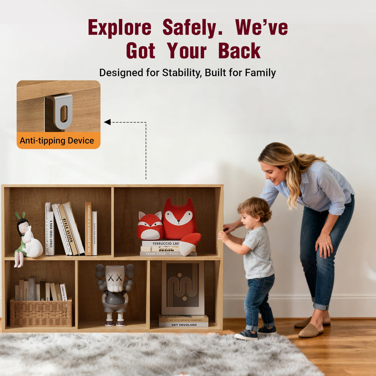 Nestwise Book Shelf, Wooden Cube Storage Organizer with 11" Open Cubes, Stackable Modular Bookcase for Room Divider Storage, 2 Tier Bookshelf for Living Room, Bedroom, Office (Oak, 5-Cube)