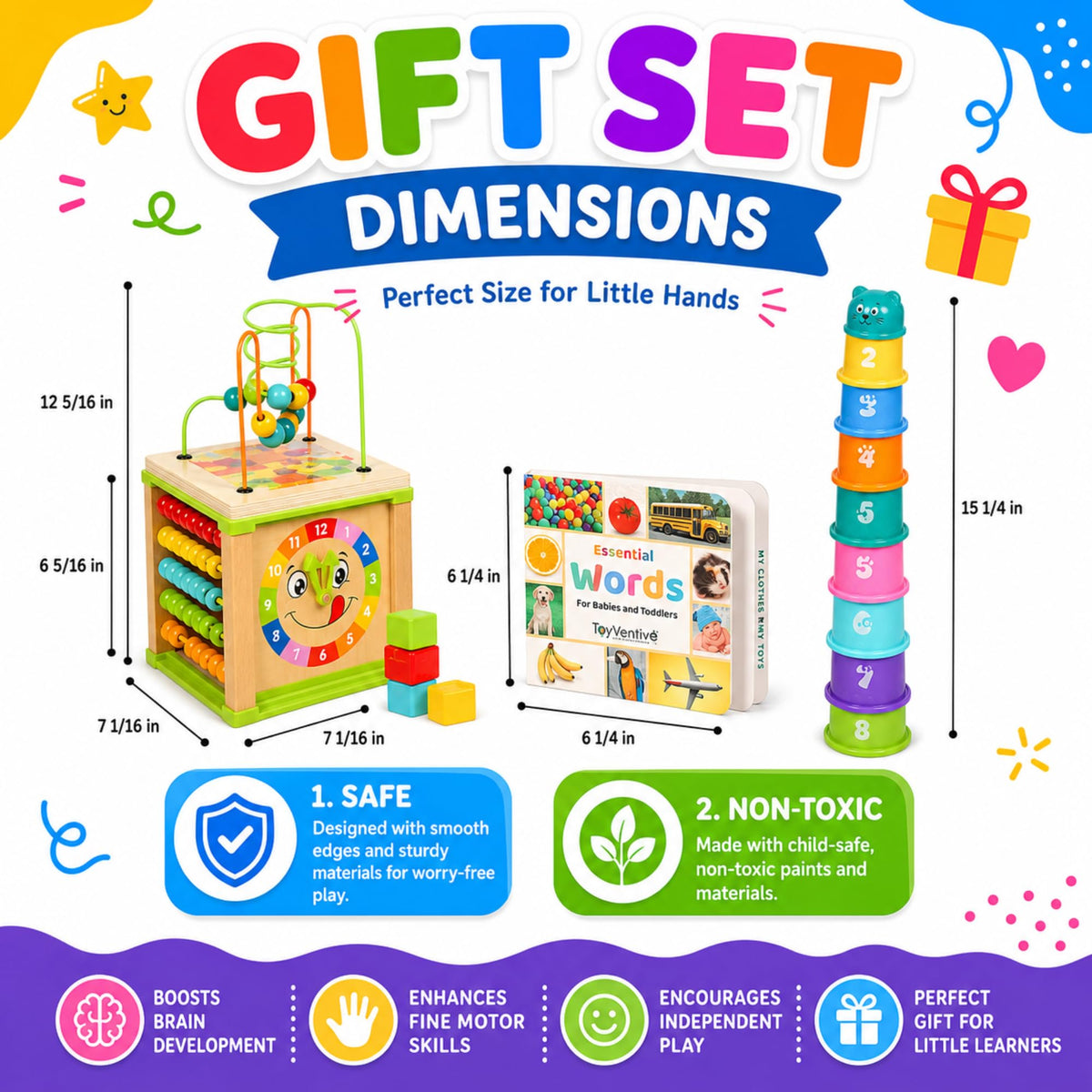 Wooden Activity Cube for Baby, Montessori Toys for 1 Year Old, Baby Toys 1 Year Old, Toys for 1+ Year Old Girl - Wooden Activity Center with Bead Maze Toy, Baby Stacking Cups, Book, in Pink Gift Box