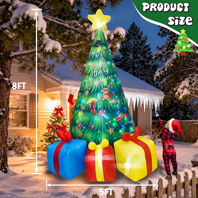Dearsun 8ft Tall Inflatable Christmas Tree with Rotating LED Lights, Outdoor/Indoor Blow Up Xmas Tree with 3 Gift Boxes, Waterproof Holiday Decor for Yard, Lawn, Party