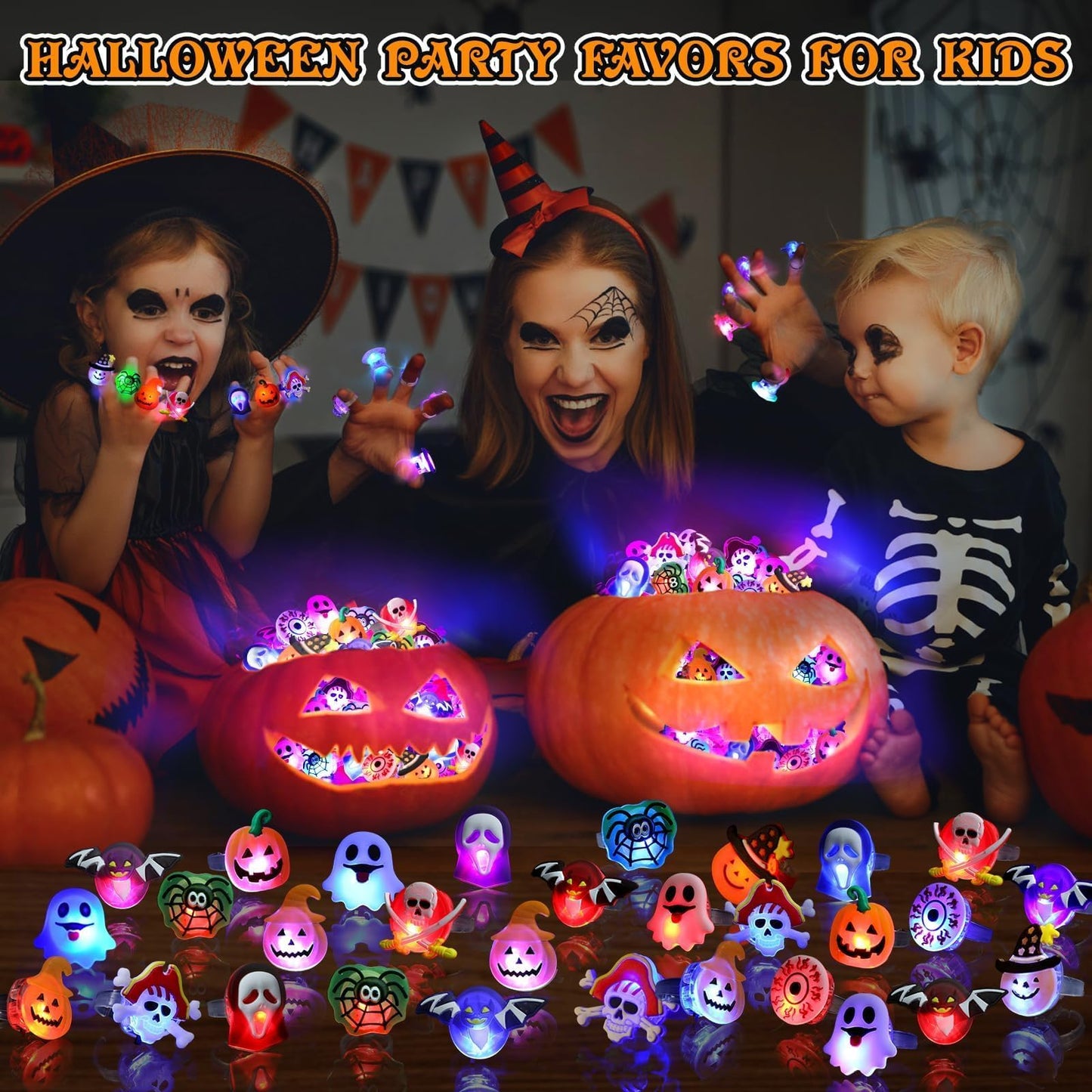 Coluans Halloween Treats 25Pcs Halloween Party Favors for Kids Adults LED Ring Halloween Accessories Light Up Rings Halloween Toys Flash Rings Non Candy Gift Bag Fillers New Version