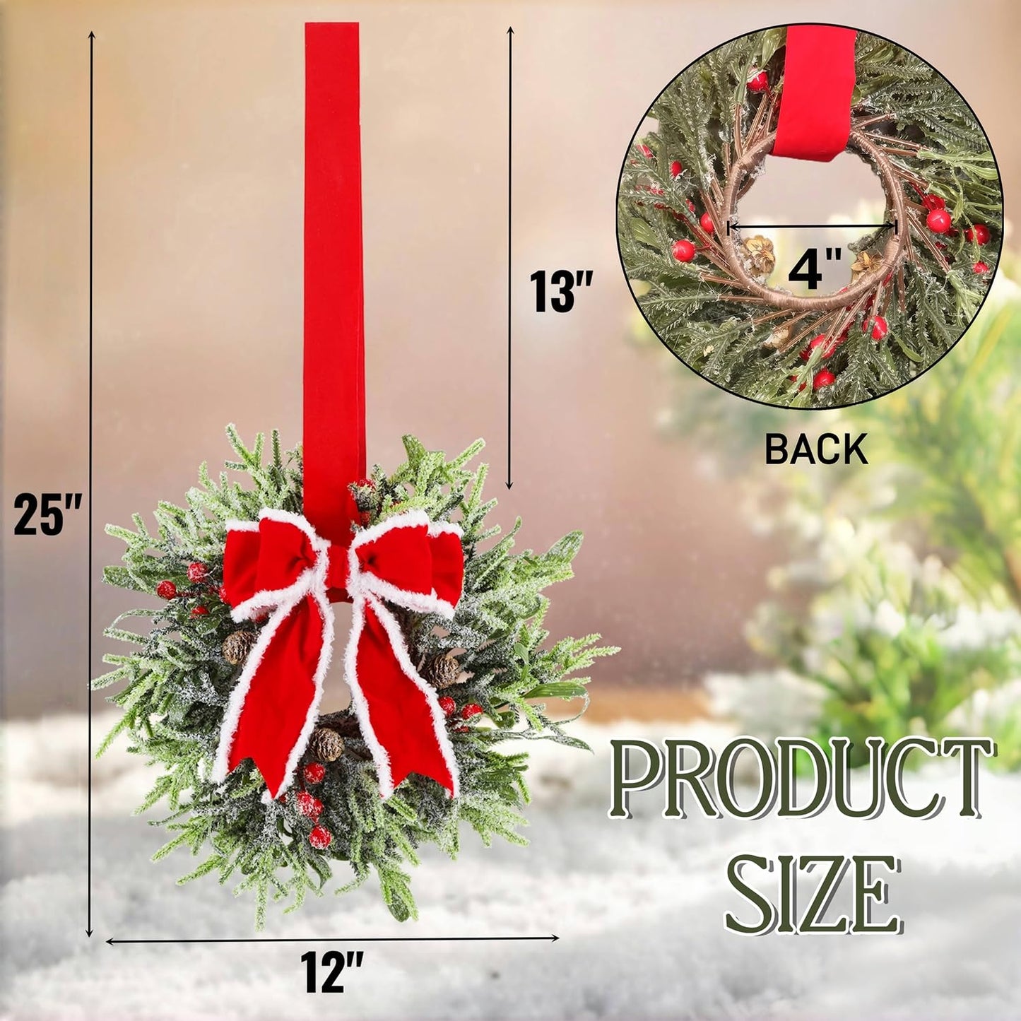 Hausse 6 Pcs Christmas Wreath, 12" Christmas Mini Wreaths for Cabinets with Red Bows, Artificial Small Xmas Wreaths Hanging Decoration Garlands for Kitchen Window Farmhouse Chair Wall Front Door
