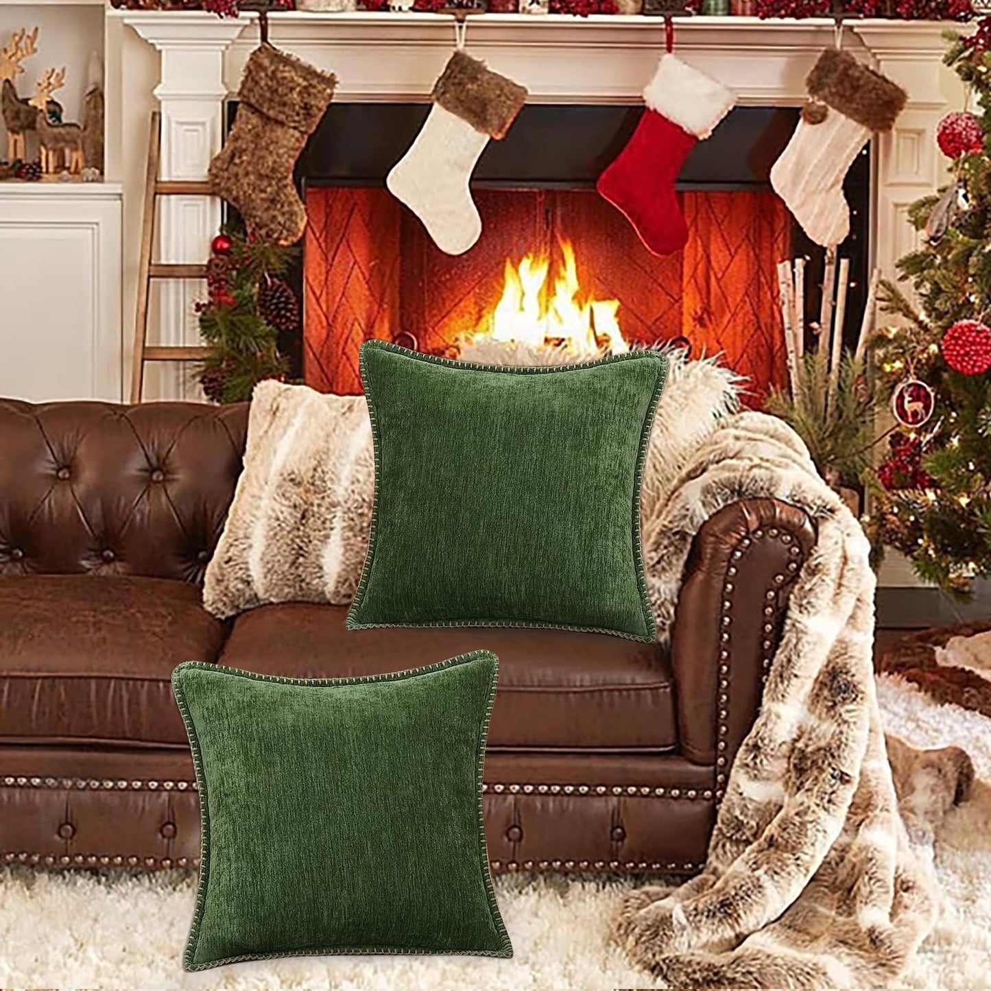 decorUhome Christmas Chenille Soft Throw Pillow Covers 18x18 Set of 2, Farmhouse Velvet Neutral Decorative Euro Fall Pillow Covers with Stitched Edge for Couch Sofa Bed Home Decor, Forest Elf