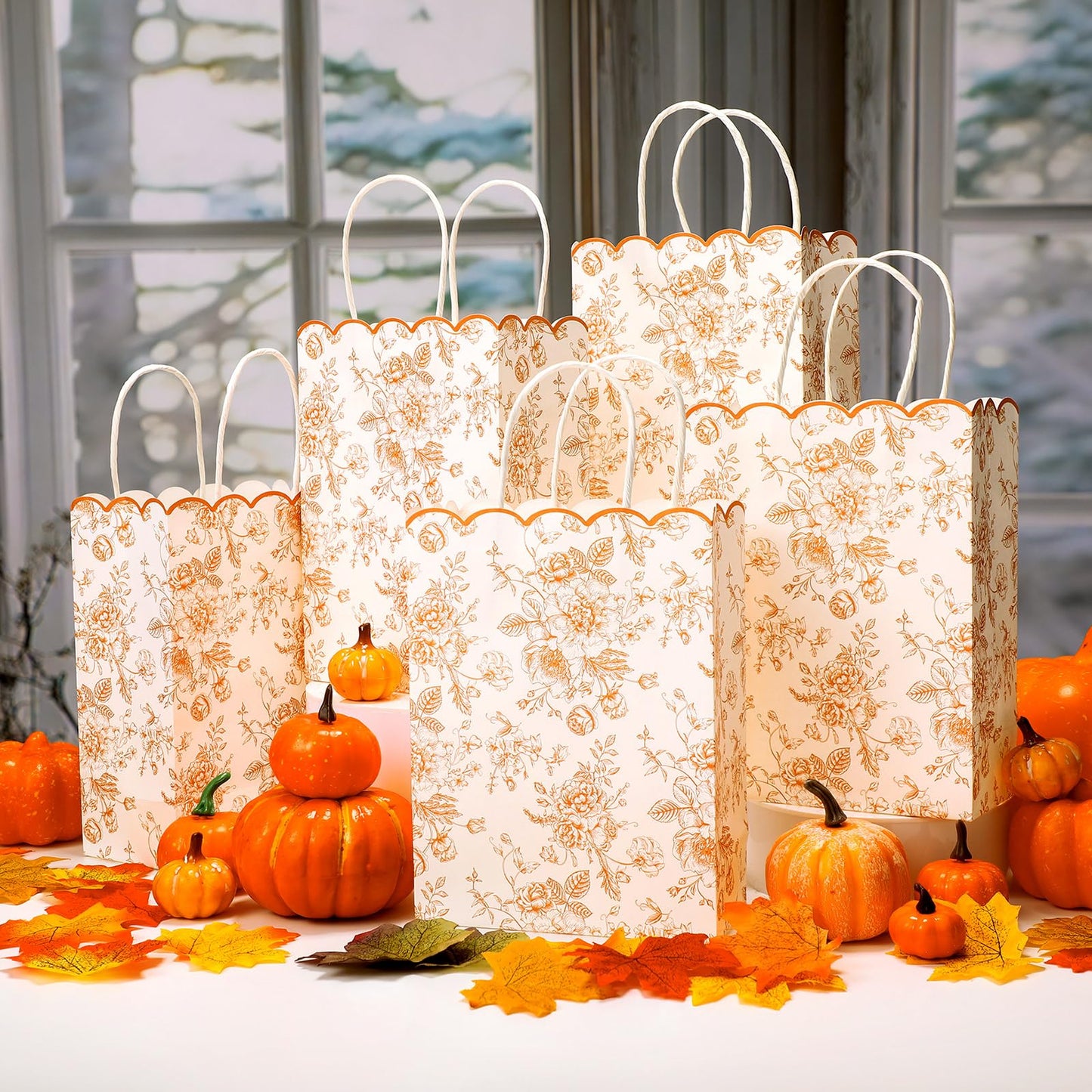 Kolldenn 24 Pcs Fall Floral Gift Bags with Handles Fall Party Favor Candy Treat Goodie Bags Scalloped for Birthday Decoration for Bridal Baby Shower Party Supplies