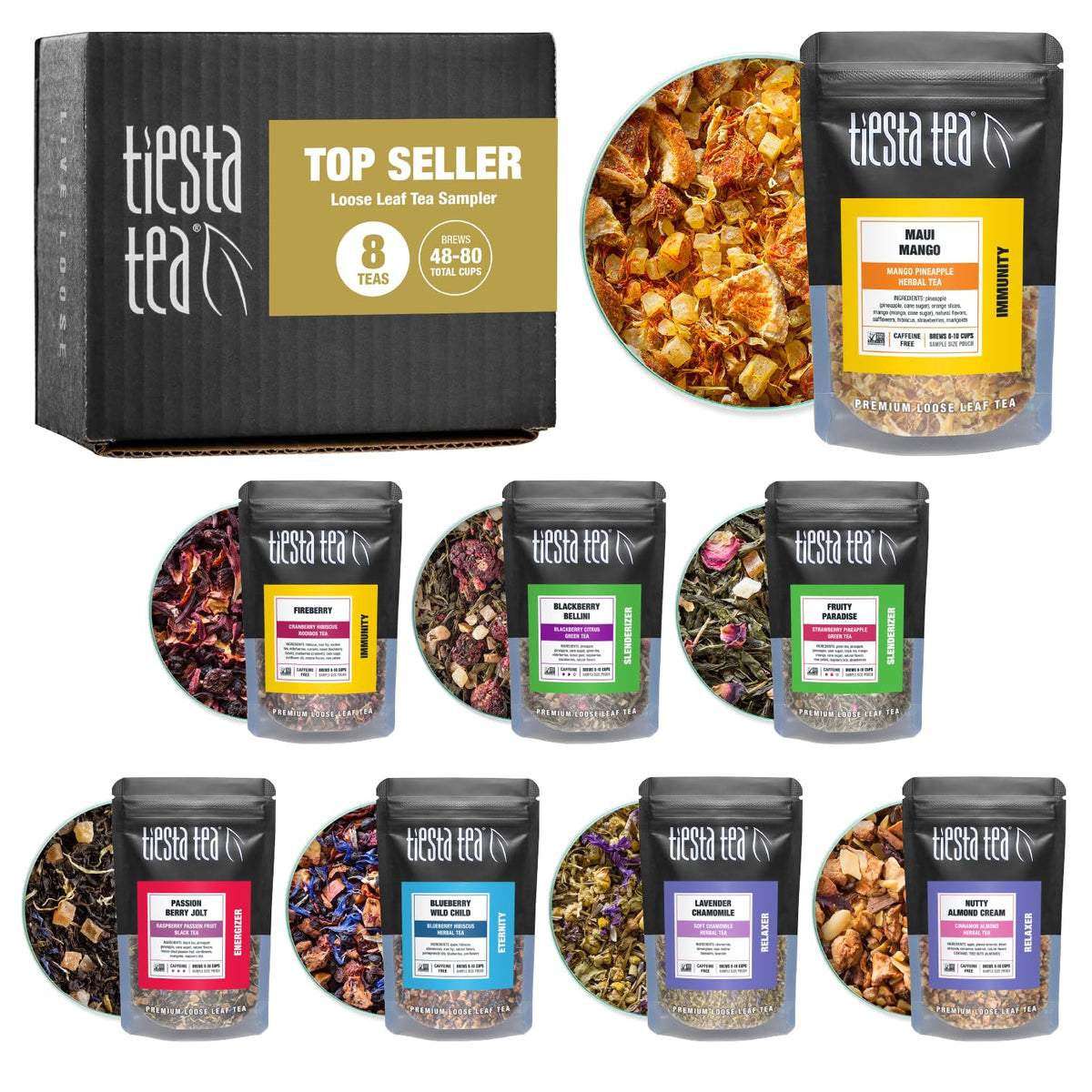 Tiesta Tea - Top 8 Favorites Sampler Set, Loose Leaf, Up to 80 Cups, High to No Caffeine, Hot & Iced, Tea Variety Pack with Green, Herbal, & Black, 8 Sample Pouches