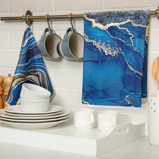Boyiee 6 Pcs Marble Hand Towels Blue and Gold Towels Navy Blue Kitchen Towel