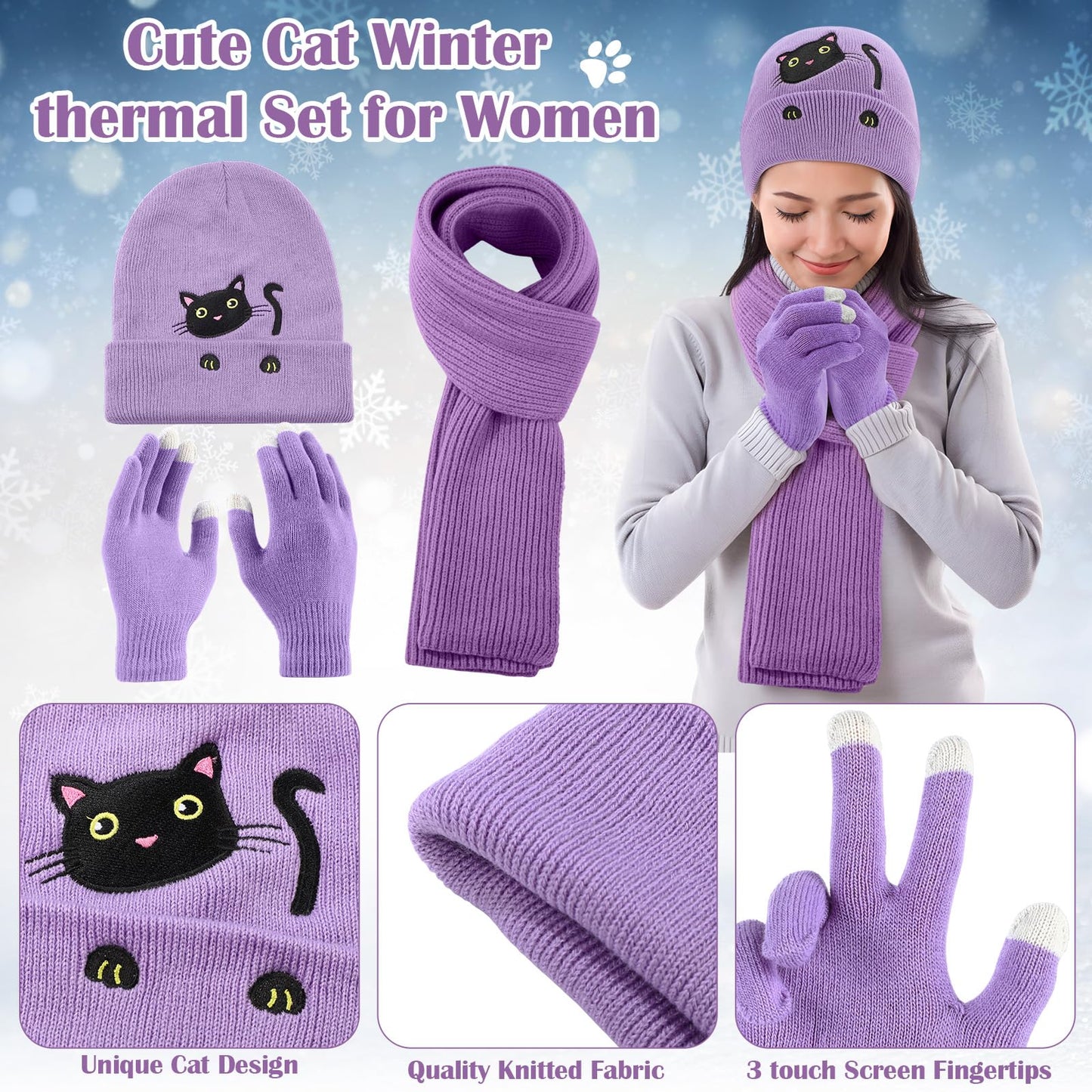 Mepase 6 Pcs Winter Cat Gifts Set for Women Birthday Include Cat Beanie, Scarf, Touchscreen Gloves, Flannel Throw Blanket Makeup Pouch and Transparent Zip Tote Purple Knit Valentine Gift Accessories