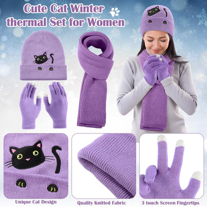 Mepase 6 Pcs Winter Cat Gifts Set for Women Birthday Include Cat Beanie, Scarf, Touchscreen Gloves, Flannel Throw Blanket Makeup Pouch and Transparent Zip Tote Purple Knit Valentine Gift Accessories