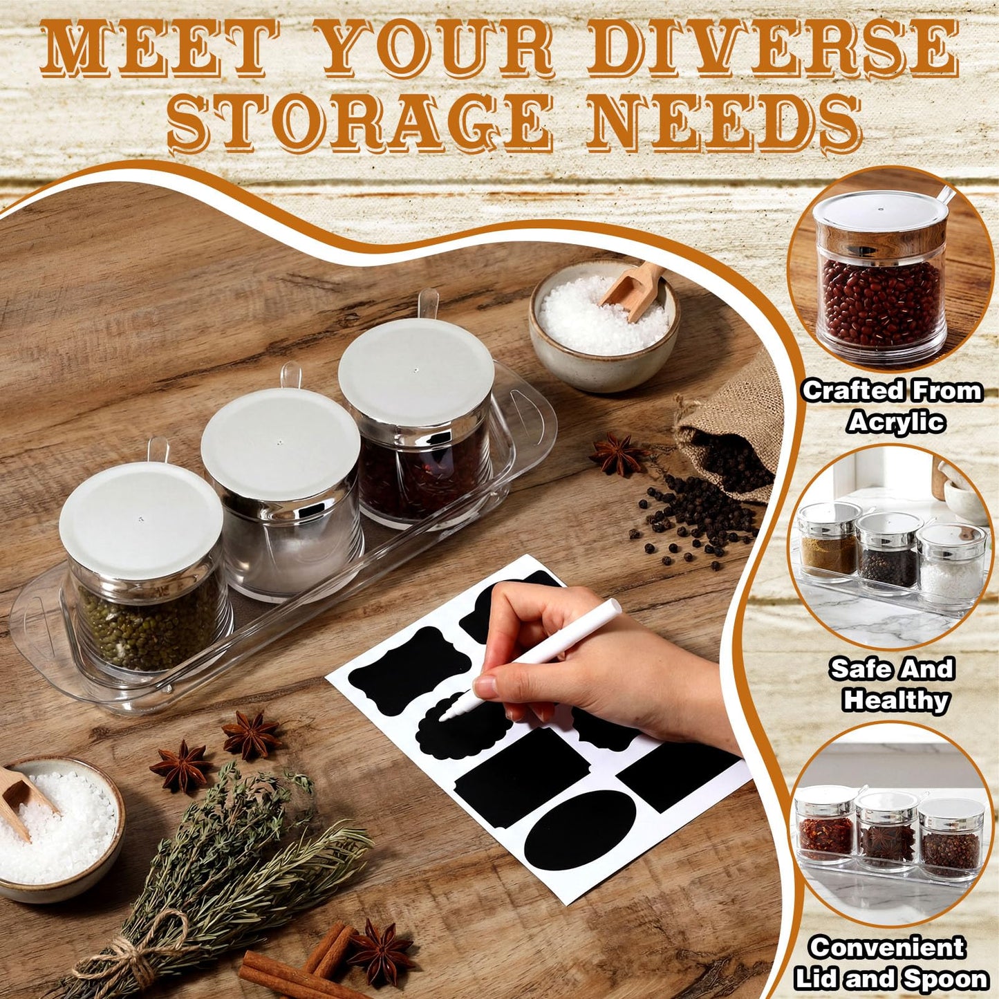 Ferrochef Set of 3 Acrylic Sugar Container with Lid Spoon and Tray 7oz Clear Condiment Coffee Jars Container with Labels Seasoning Salt Box Set for Kitchen Storage Coffee Bar