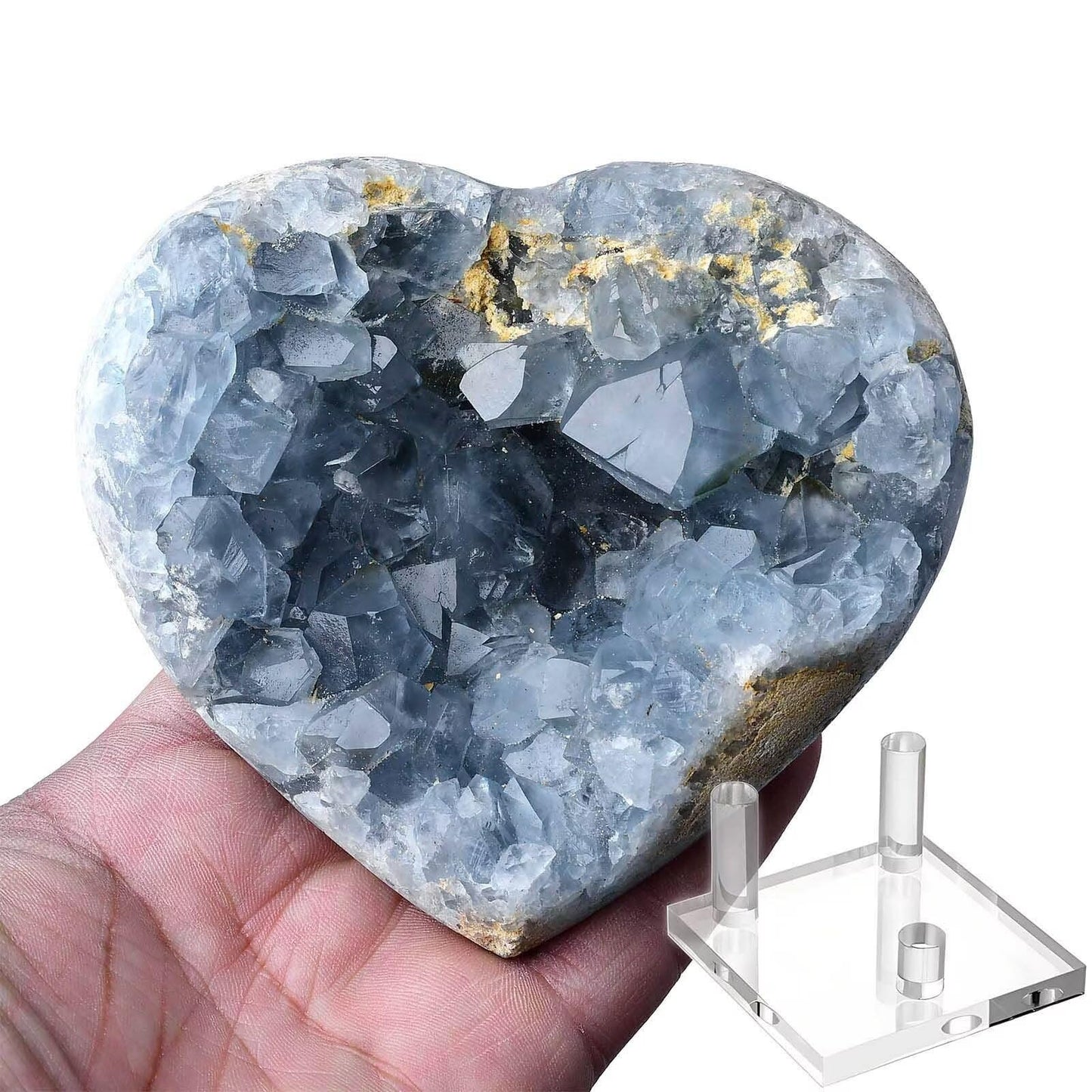 FZBHRO Extra Large Blue Celestite Geode Heart Healing Crystal Stone Collection Mineral Specimen with Stand Home Office Decor 1.7-2.2 Pound