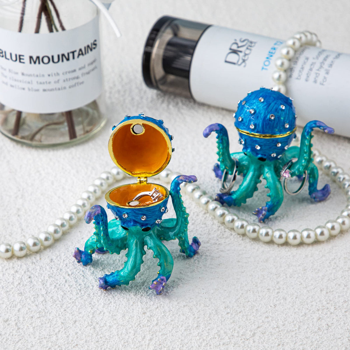 YU FENG 2.5'' Hand-painted Enamel Octopus Jewelry Trinket Box Hinged Jewelry Organizer with Crystals Ring Earring Storage Box Blue Sea Animal Figurine Keepsake Collectible Christmas Gift