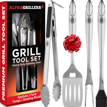 Alpha Grillers Grill Set Heavy Duty BBQ Accessories - BBQ Tool Set 4pc Grill Accessories with Spatula, Fork, Brush & BBQ Tongs - Gifts for Dad Durable, Stainless Steel Grill Tools
