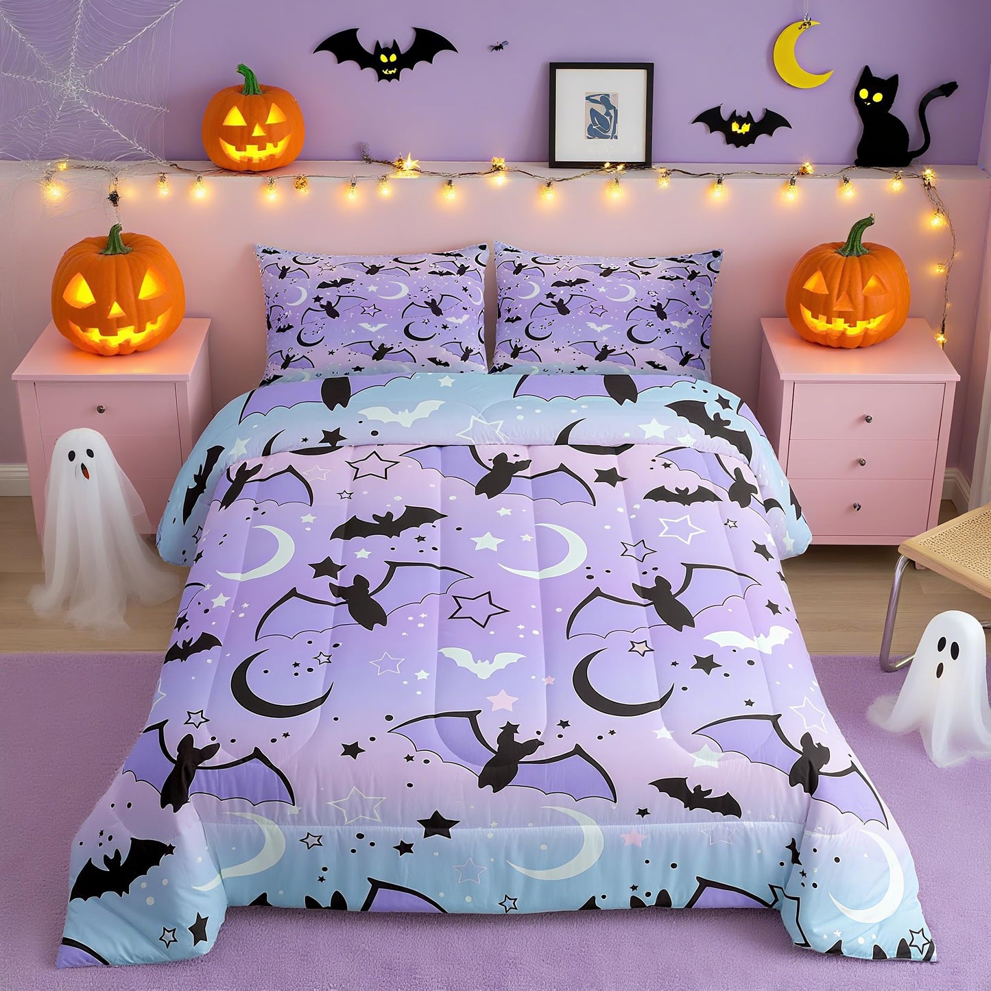 Feelyou Halloween Comforter Rainbow Comforter Set for Boys Girls Children Bat Moon Star Print Bedding Set Halloween Theme Purple Gradient Style Room Decor Twin Size Duvet Set 2Pcs with 1 Pillow Case