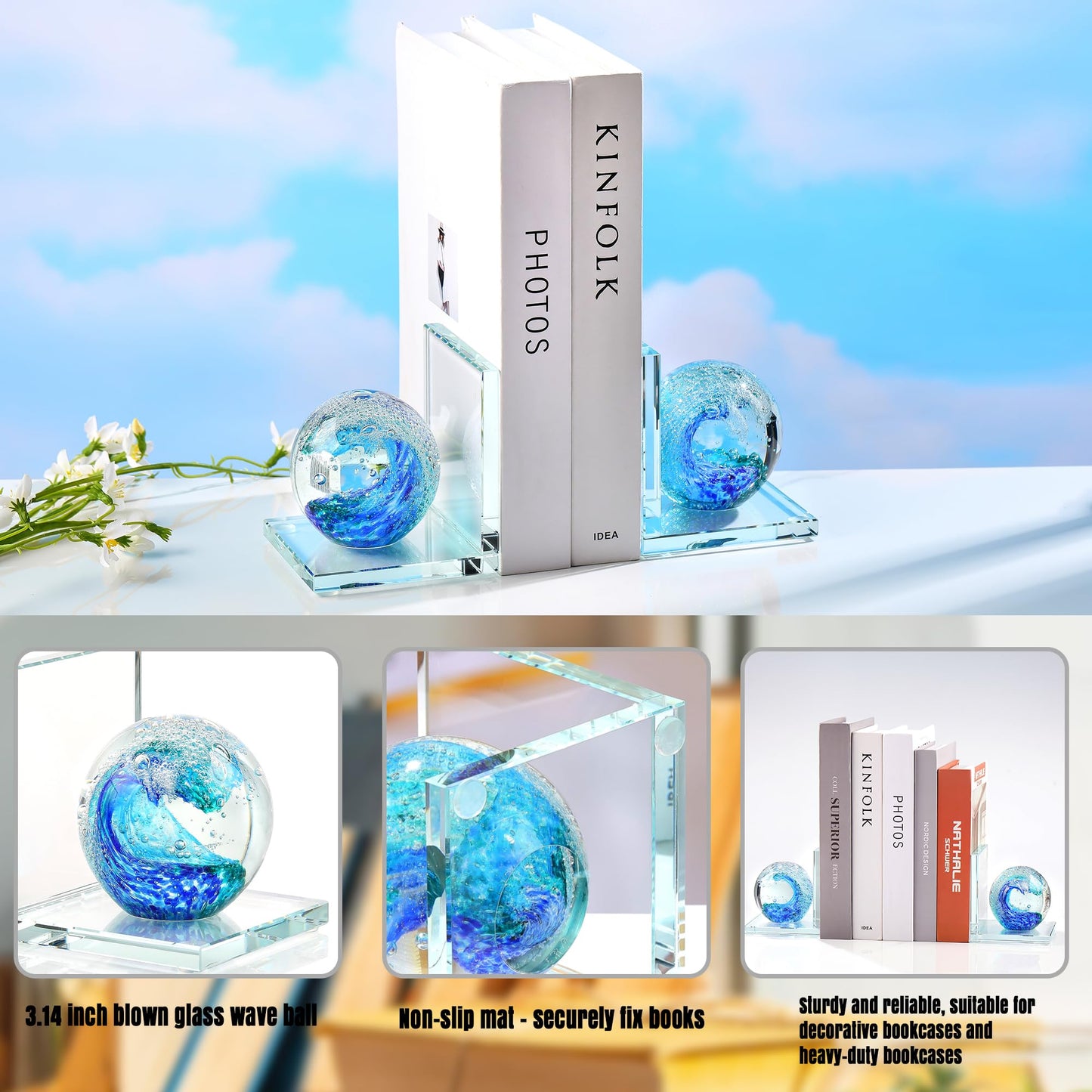 Book Ends for Shelves, Glass Bookends with Deep Ocean Blue Crystal Hand Blown Sea Wave Ball, Non Skid Sturdy Glass Decorative Bookends for Ocean Lovers, Heavy Books, Office, Set of 2