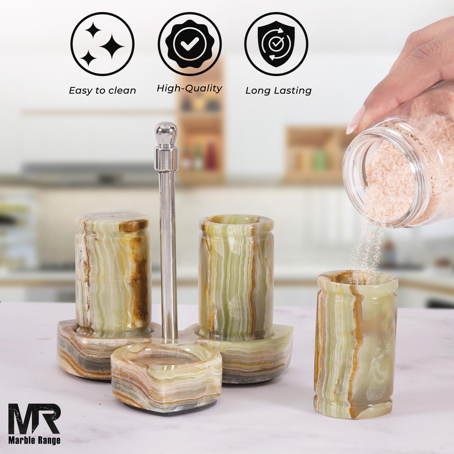 Marble Salt and Pepper Shakers Set of 3 – Handmade Green Onyx 0.8 oz Salt & Pepper Dispenser with Tray, Modern Tabletop Seasoning Set for Kitchen Countertop & Dining Decor, Easy Refill
