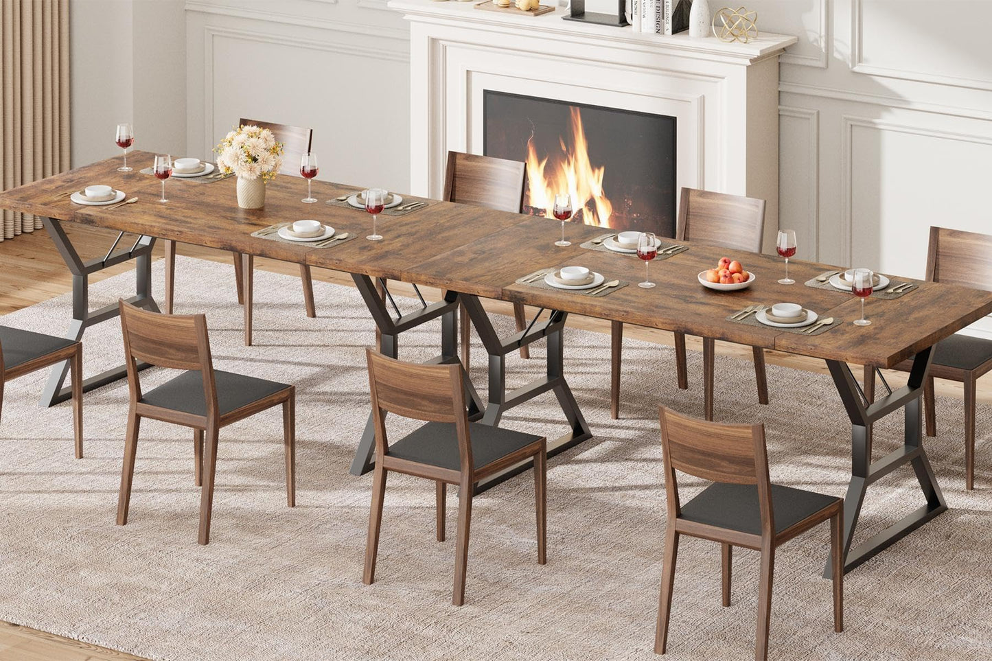 Industrial 71'' Farmhouse Dining Table for 6-8 People - Rustic Distressed Wood Kitchen Table with Black Metal Geometric Base Legs, Large Rectangular Conference Desk for Living Room, Home Office