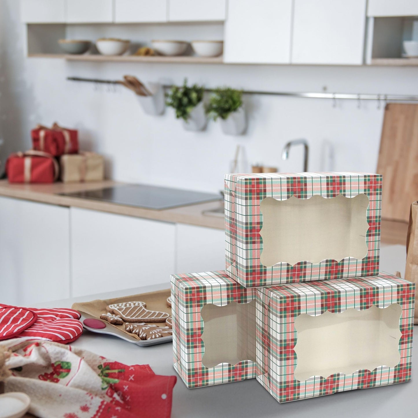 Christmas Cookie Boxes - 12 Pack - White & Red Tartan Plaid Bakery Gift Box with Window - Perfect for Pastries, Cupcakes, Macarons, Candy, & Treats - LG Size Easily Fits a Dozen Cookies - 12 pcs