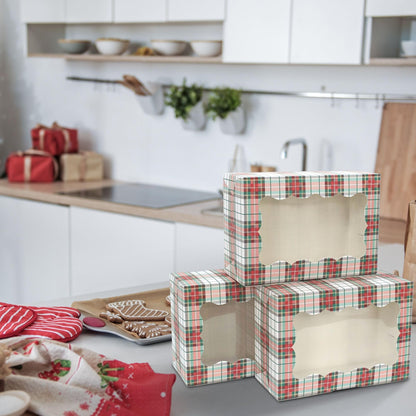 Christmas Cookie Boxes - 12 Pack - White & Red Tartan Plaid Bakery Gift Box with Window - Perfect for Pastries, Cupcakes, Macarons, Candy, & Treats - LG Size Easily Fits a Dozen Cookies - 12 pcs
