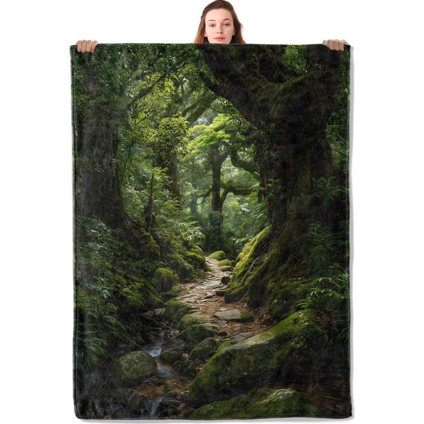 YCUFN Forest Path Flannel Blanket 50"x60" Moss Stone Tree and Stream Landscape Lightweight Throw Blankets Birthday for Nature Lovers Office Bedroom Sofa Travel Home Decorate