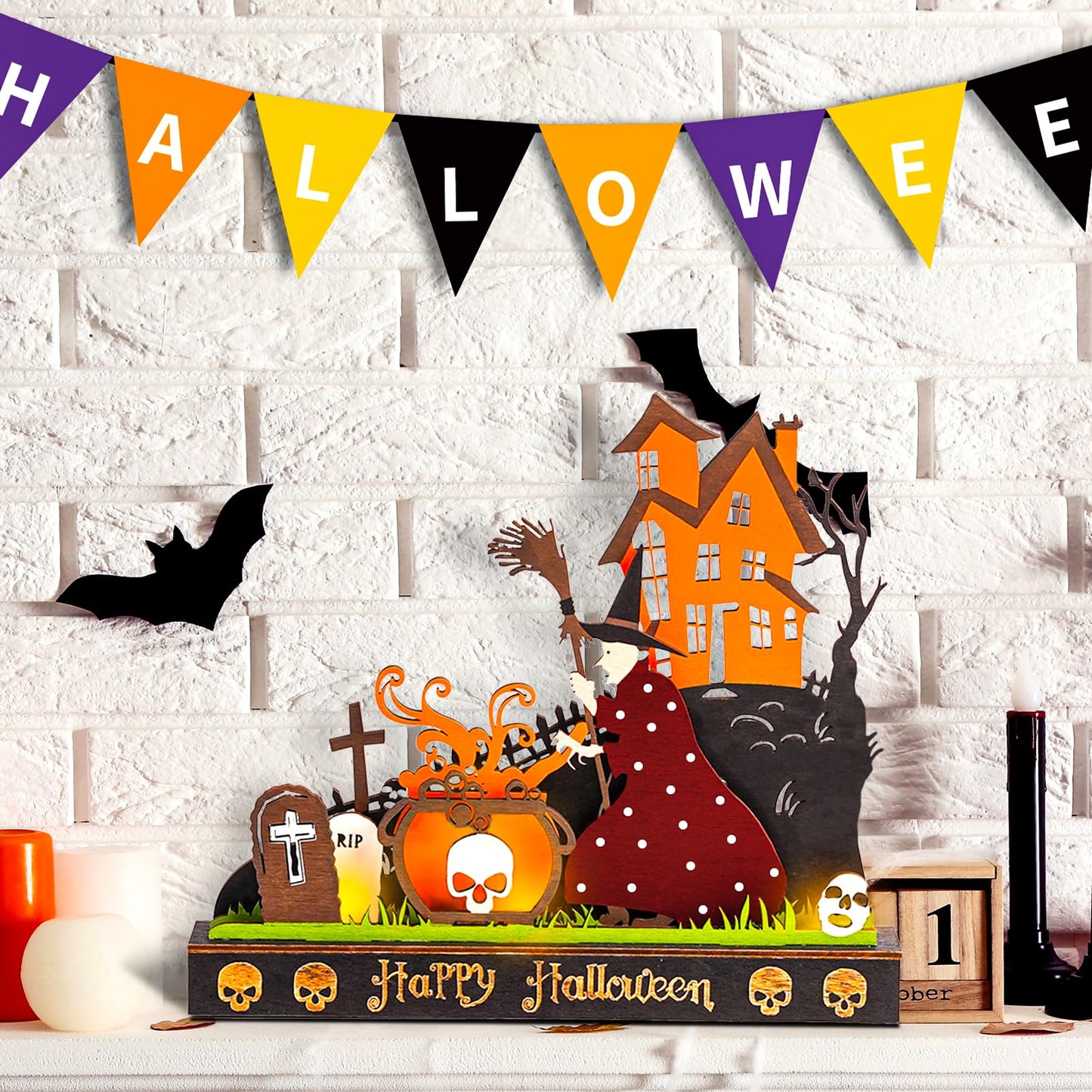 TrisolarSystem 2 Pieces Wooden Halloween Table Decorations Indoor, Festival Decoration Night Light, Witch Tombstone Castle Halloween Decor for Desk Table Fireplace Room Living Room Kitchen Office Bar