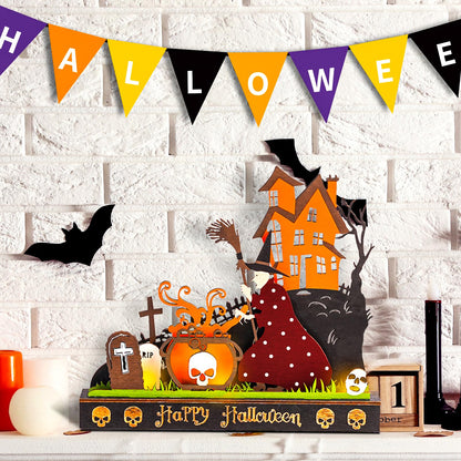 TrisolarSystem 2 Pieces Wooden Halloween Table Decorations Indoor, Festival Decoration Night Light, Witch Tombstone Castle Halloween Decor for Desk Table Fireplace Room Living Room Kitchen Office Bar