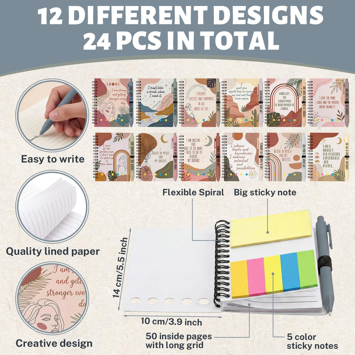48 Pcs Boho Aesthetic Gifts Bulk, 24 Sets Self-Care Notebooks with Matching Pens & Sticky Notes, Abstract Motivational Journals for Women, Students, Mental Health, Yoga Retreats (5.5 x 4.7 Inch)