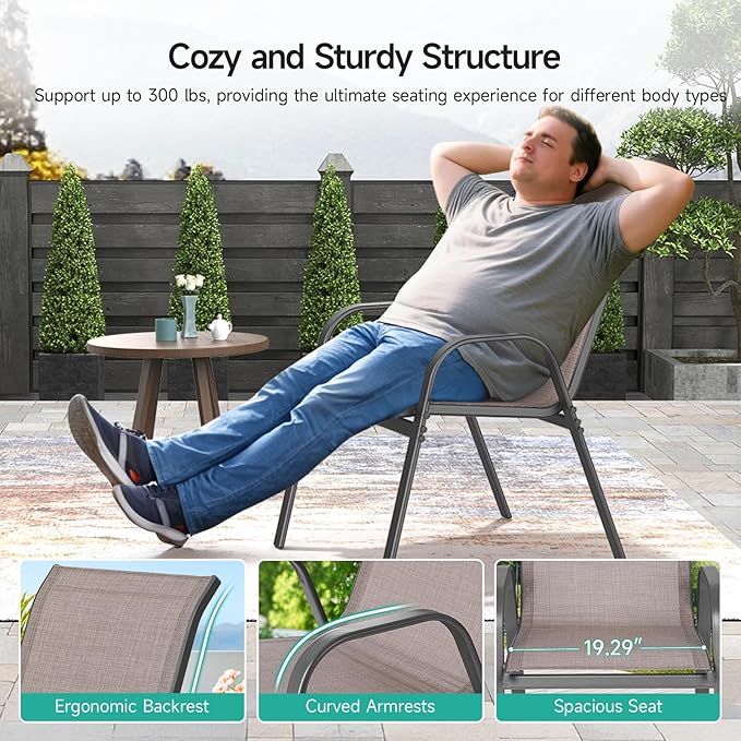 Patio Chairs Set of 6, Easily Set Up Stackable Outdoor Dining Chairs with High Back and Wide Seat, All Weather Breathable Outdoor Chairs Set of 6 with Metal Frame for Backyard Deck Pool, Brown