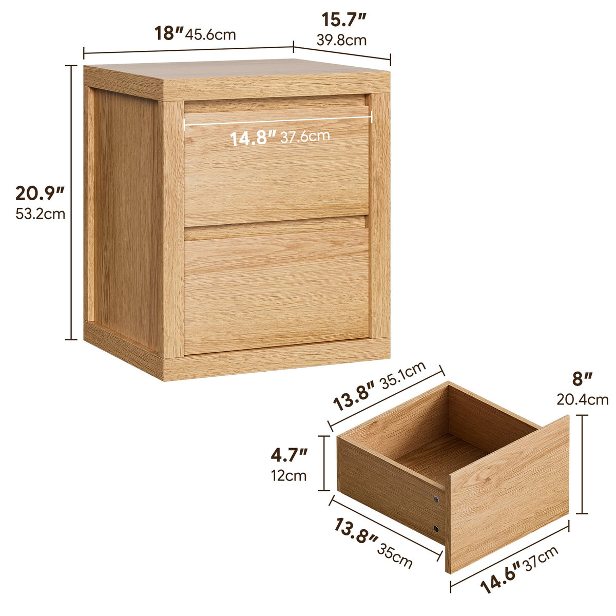 Cozy Castle Nightstand with 2 Drawers, Modern Bedside Table with Handless Design, Wood End Table with Thickened Design, Night Stand for Bedroom, Oak