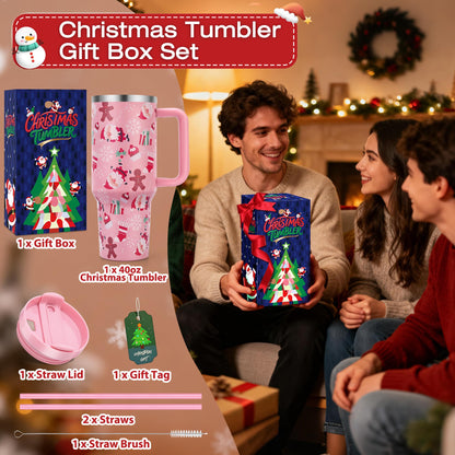 TaroKitc Christmas Gifts for Women Men, 40 oz Christmas Tumbler with Handle and Straw Lid, Xmas Insulated Stainless Steel Travel Coffee Mug, Cup Holder Friendly, Pink Santa and Gingerbread Man