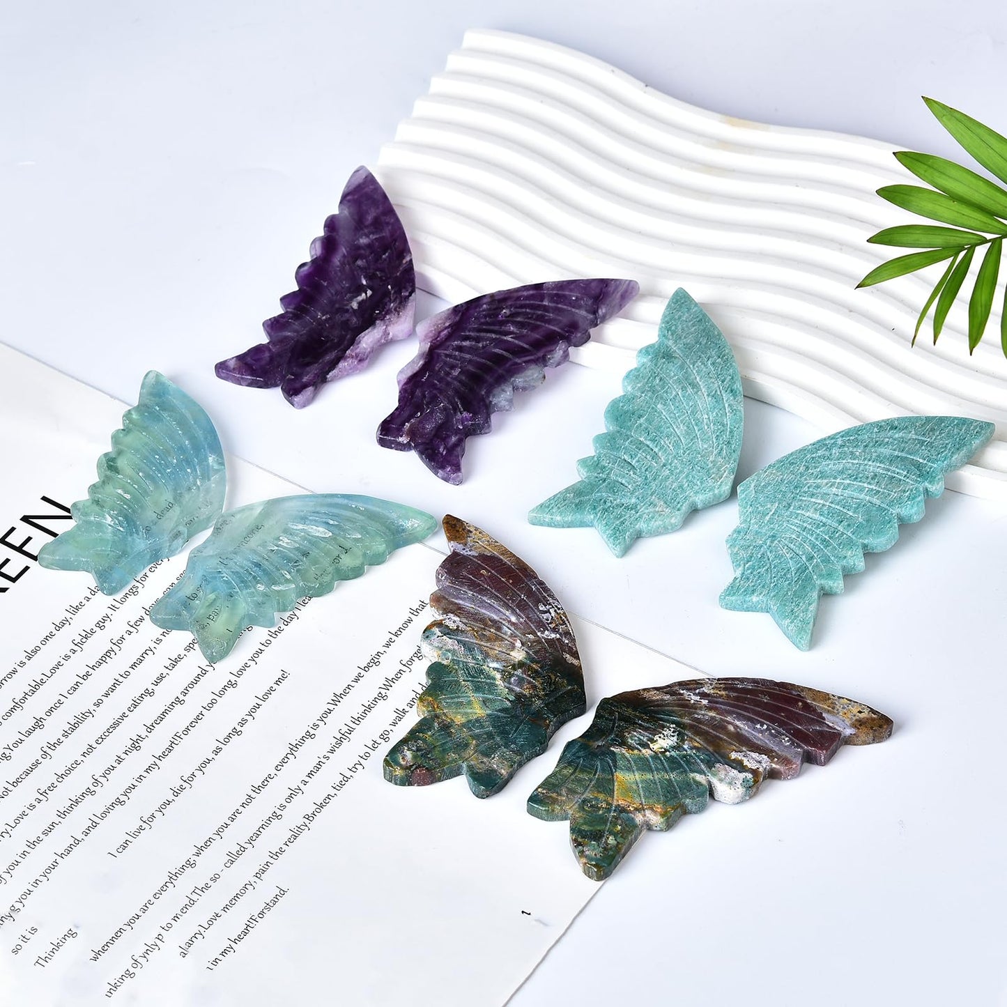 JIC Gem Purple Fluorite Crystals and Stones Crystal Butterfly Art Angel Wings Sculpture Carving,Healing Crystal Ornaments Energy Decorative Stone Reiki Gifts (1pair, 10cm)