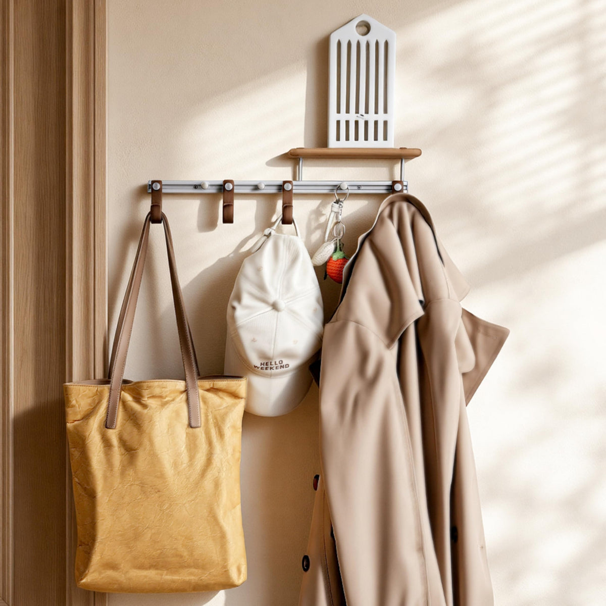 XAOHOME Wall Mounted Coat Rack with Shelf, Modular Entryway Hooks Organizer, Adjustable Aluminum Rail with Wooden Hooks, Expandable Storage for Entryway, Hallway, Mudroom