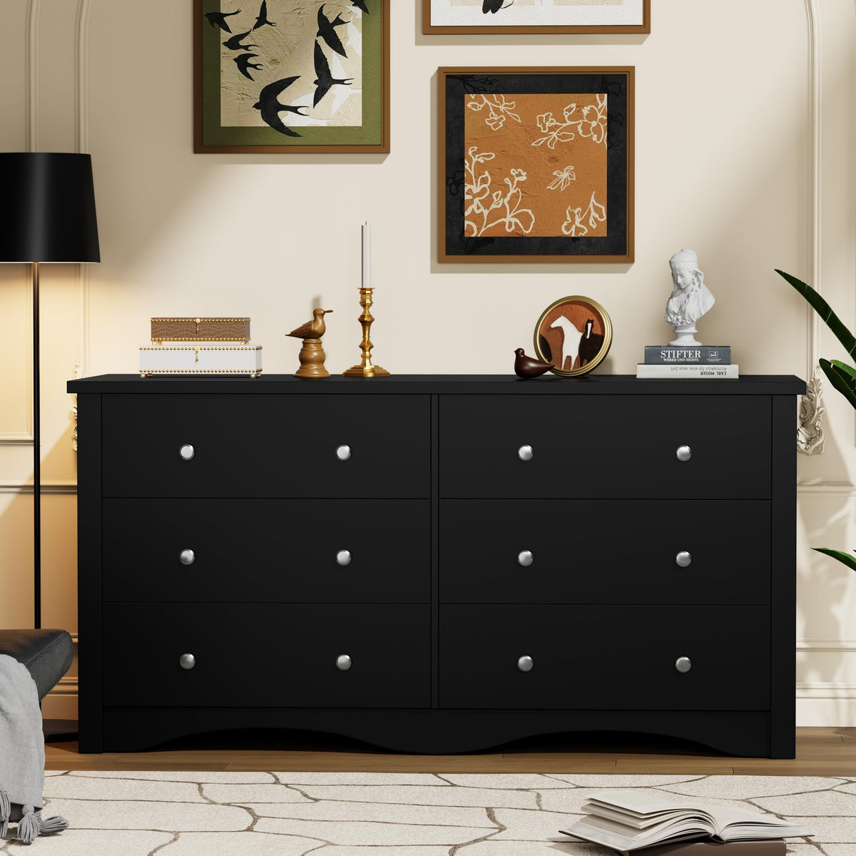 YESHOMY Dresser for Bedroom with 6 Drawers, 47.2" Modern Chest of Drawers, Wooden Dressers, TV Stand for Living Room,Closet, Hallway (Black)