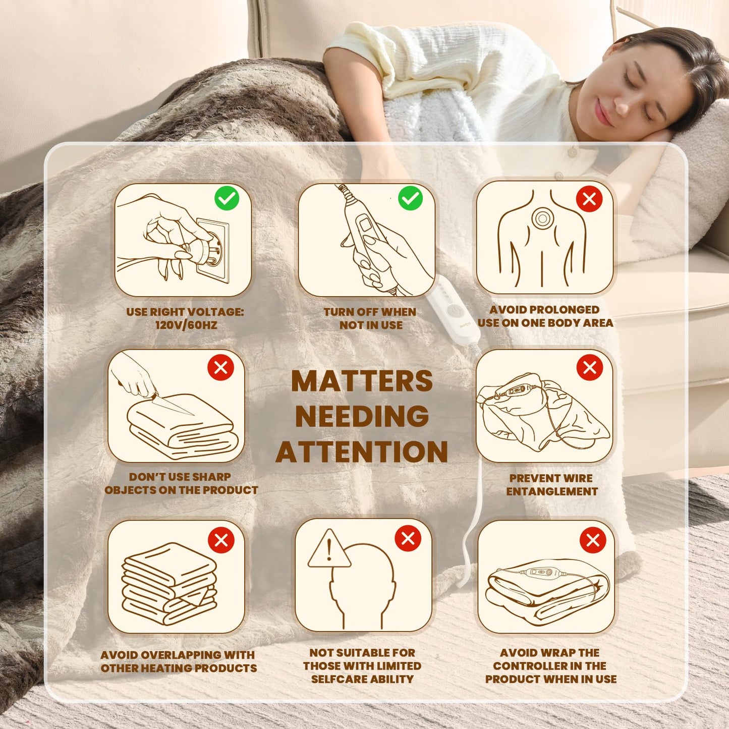 Bearhug Electric Blanket King Size 100" x 90", Dual Controller Heated Blanket, White Flower Patterns Faux Fur & Warm Sherpa, 10-Heat Levels & 1-12H Auto Off,ETL, Machine Washable