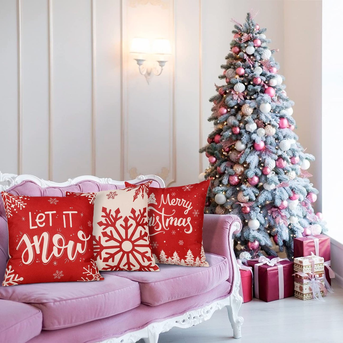 ButyHome Christmas Pillow Covers 18x18 Set of 4 Red Plaid Throw Pillowcase Christmas Decorations Deer Snowflake Farmhouse Linen Cushion Pillow Case for Home Decor Holiday Decorative