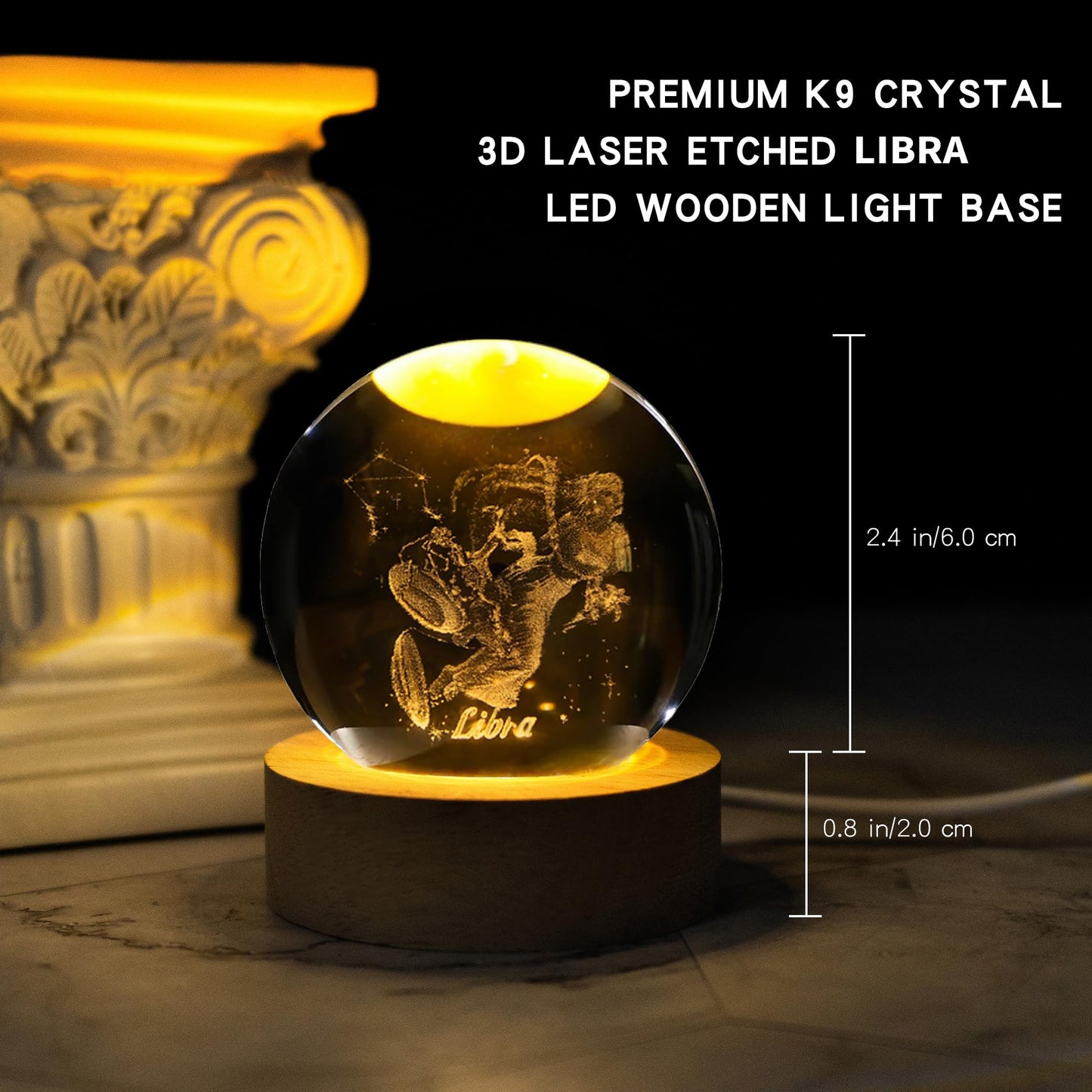 QIANCHANG 3D Laser Etched Libra Crystal Ball with LED Light Stand, Constellation Decor Glass Sphere Lamp, Zodiac Astrology Birthday Gifts for Women Kids