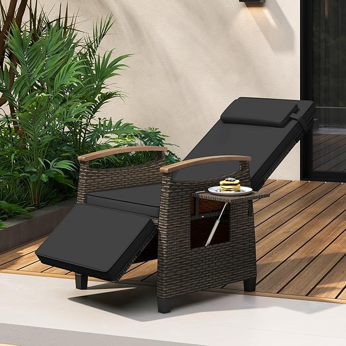 RELAX4LIFE Rattan Outdoor Recliner Chair - Wicker Chaise Lounge Chair w/Adjustable Back & Footrest, Acacia Wood Armrests, Flip Side Table, Cushion, Reclining Patio Chair for Pool Yard (1, Black)