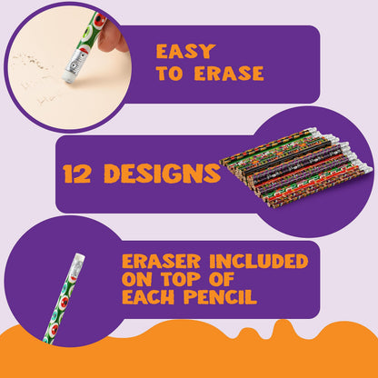 JOYIN 144 PCS Halloween Pencils with Eraser, 12 Designs Halloween Stationery Set for Kids Gifts Prizes, Wooden Drawing Pencils, Classroom Party Favor Supplies, Trick or Treat Goodies Bags Fillers