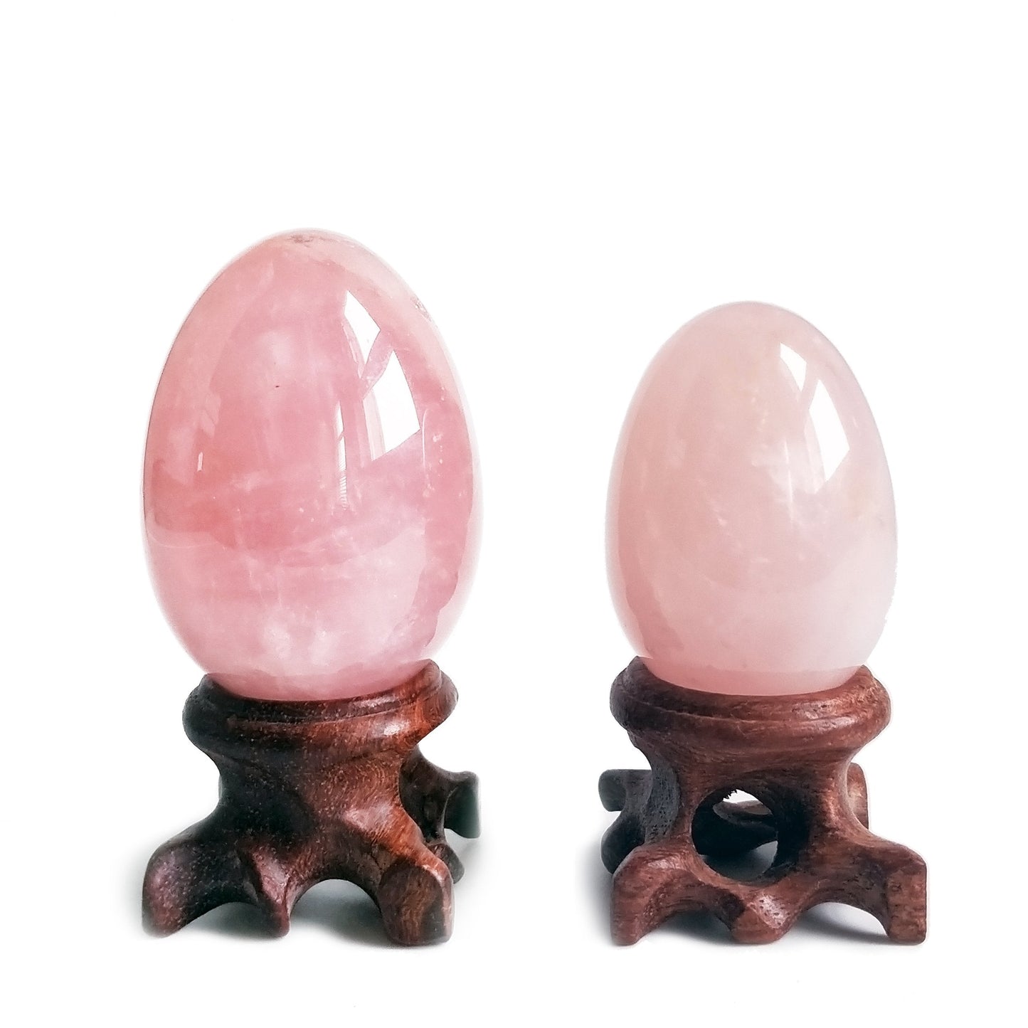 Polar Jade Set of 2 Rose Quartz Gemstone Egg Spheres with Wooden Stand for Healing Meditation Chakra Balancing and Home Decoration (L & M Sizes)