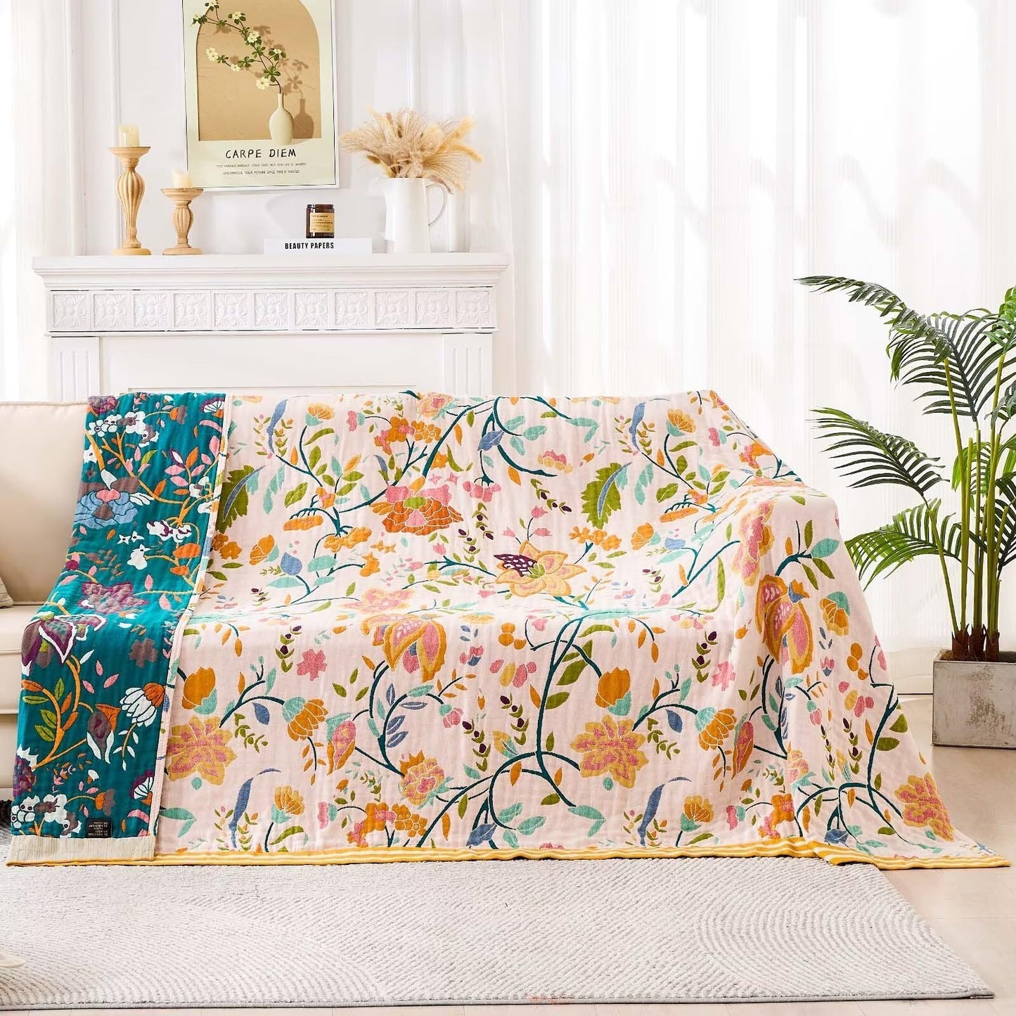 XIBLC Boho Throw Blanket for Bed, 100% Cotton Soft Rustic Quilt Fall Blanket, 60"x80" Floral Printed Farmhouse Decor Bed Blankets, All Season Rustic Reversible Bohemian Throw Quilt