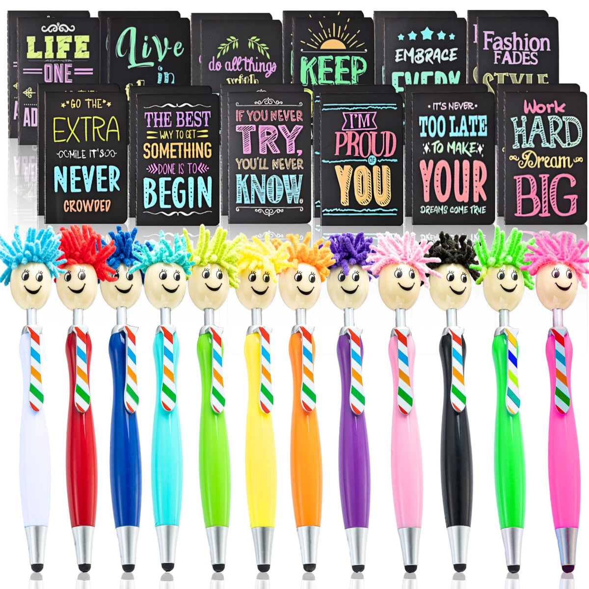 48Pcs Inspirational Gifts Bulk,Ballpoint Pens Motivational Notepads Gifts Set,24Pcs Mini Journal Lined with stylus pens,24Pcs Pocket Notebooks Bulk Gifts Set for Valentines Day Gifts Teachers School Office Party Favor Supplies