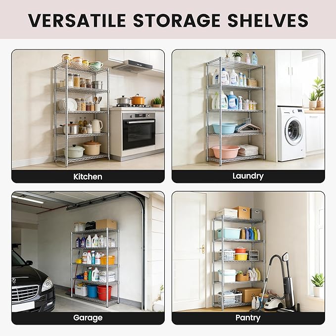 Xcity Storage Shelves, 5 Tier Heavy Duty Metal Shelving Unit, 2000 LBS Capacity Adjustable Steel Wire Shelf Organizer for Pantry, Kitchen, Garage, 14" D x 30" W x 60" H, Chrome
