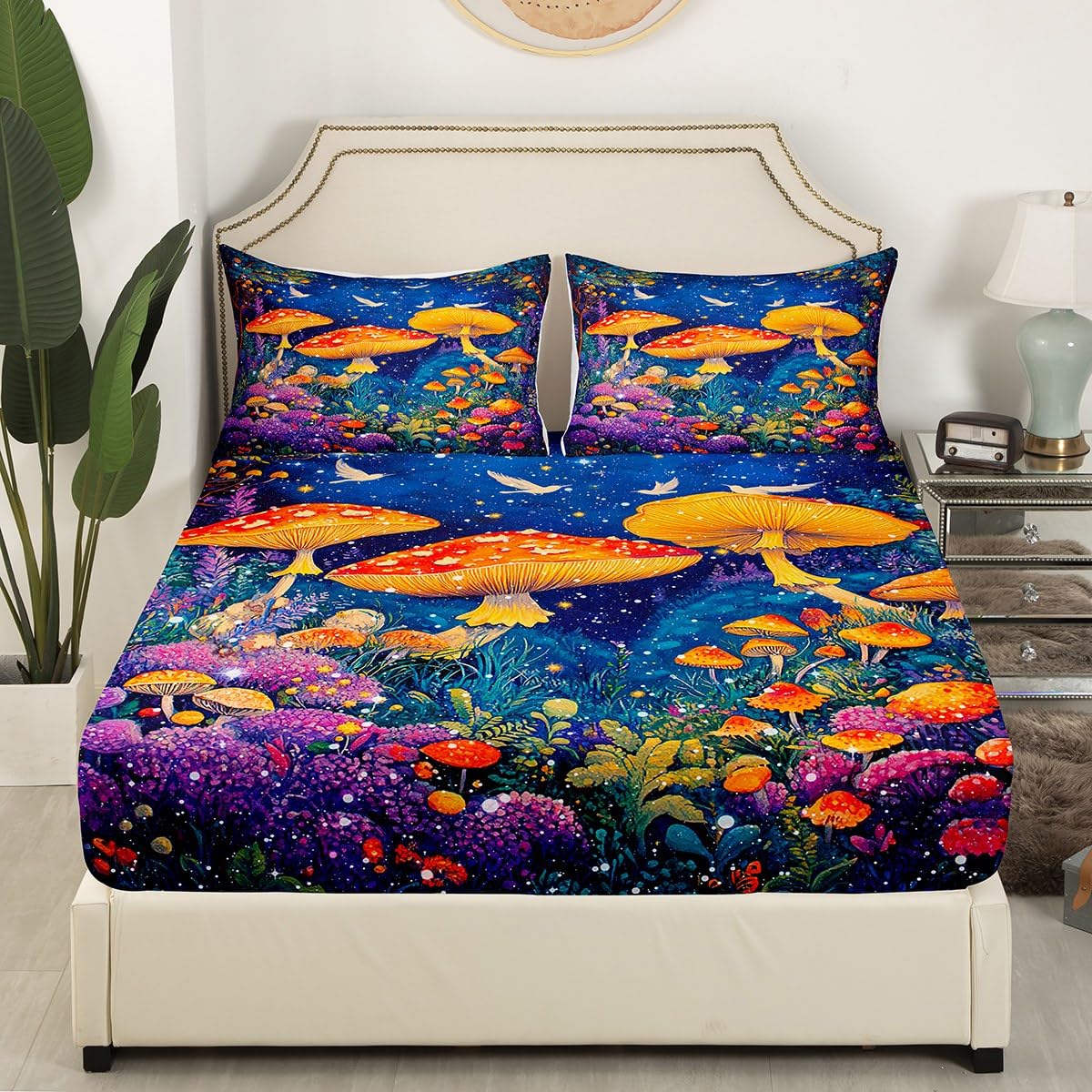 Feelyou Cute Mushroom Decor Bed Sheets Set Natural Mushrooms Sheet Set for Kids Boys Girls Teens Dreamy Fungus Sheets with Deep Pocket Fitted Sheet Queen Size Wild Mushroom Stuff Bedding Set 4Pcs